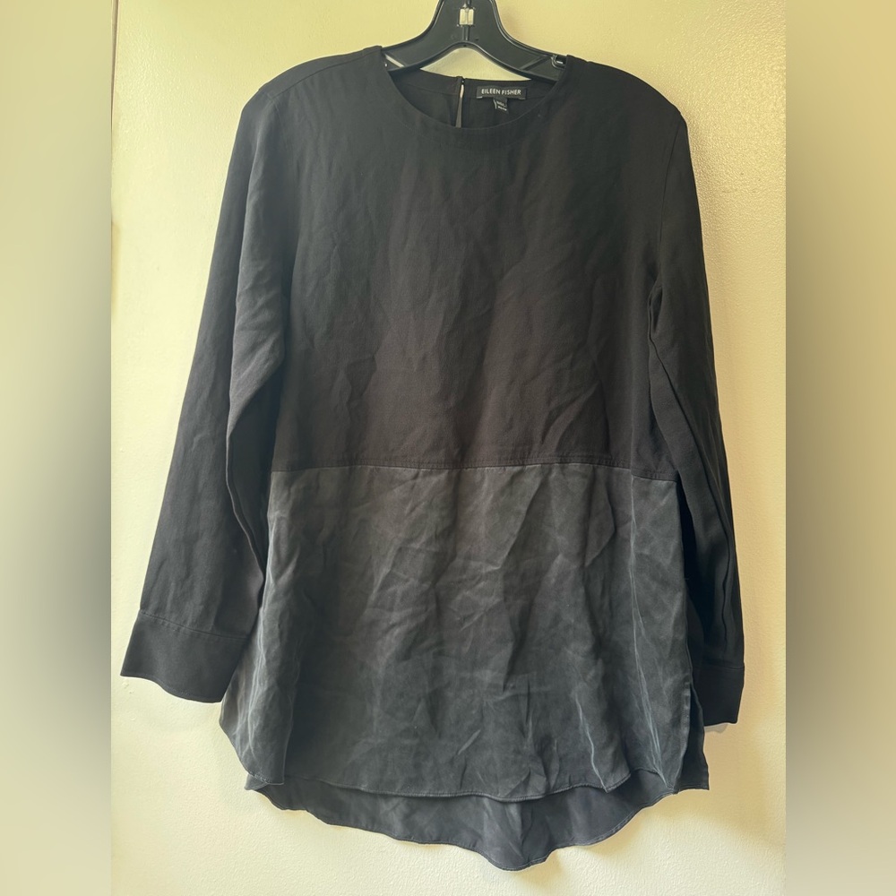 Eileen Fisher Deep Hemlock Black Mixed Silk Crepe Tunic Long Sleeve Blouse - Picture 1 of 13